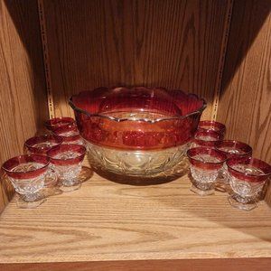 Tiffin kings crown ruby red flash thumbprint punch bowl 12 cups ladle